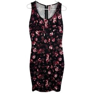 Three Hearts Floral Sheath Dress Women L Burgundy Black Pleated Pintuck Zip Back
